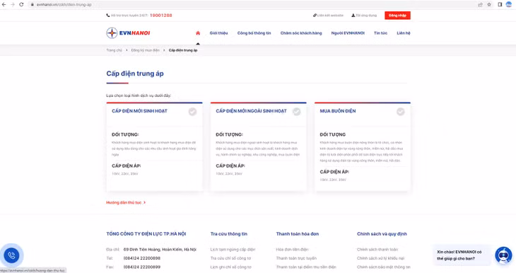 Thông tin đăng ký cấp điện trung áp trên website: evnhanoi.vn.