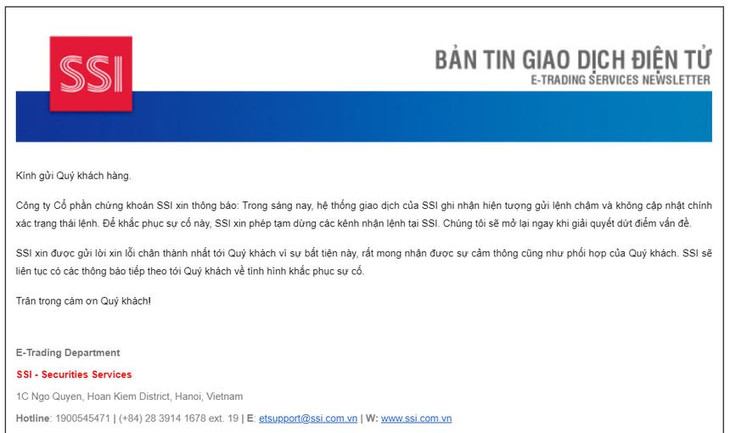 Thông báo tạm dừng nhận lệnh sáng 7/7 của SSI.