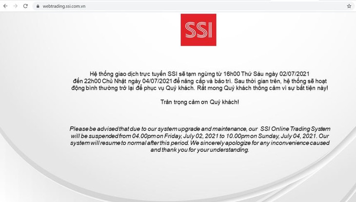 Một thông báo trên hệ thống giao dịch trực tuyến của SSI