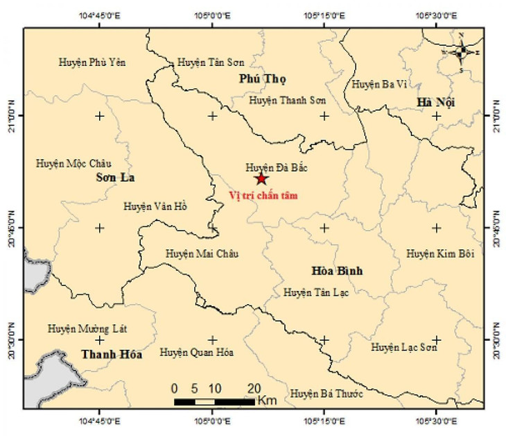 Động đất xảy ra tại khu vực huyện Đà Bắc, tỉnh Hòa Bình.