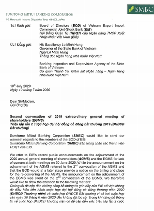 SMBC - cổ đông lớn của Eximbank đã có văn bản gửi đến Thống đốc Ngân hàng Nhà nước và HĐQT Eximbank yêu cầu tổ chức lại ĐHCĐ bất thường lần 2 trước khi tổ chức Đại hội cổ đông thường niên lần 2 SMBC - cổ đông lớn của Eximbank đã có văn bản gửi đến Thống đốc Ngân hàng Nhà nước và HĐQT Eximbank yêu cầu tổ chức lại ĐHCĐ bất thường lần 2 trước khi tổ chức Đại hội cổ đông thường niên lần 2