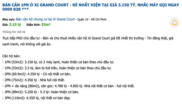 Rao bán căn hộ ở Xi Grand Court.