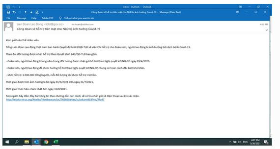 Email giả mạo gửi đến công đoàn cơ sở một doanh nghiệp.