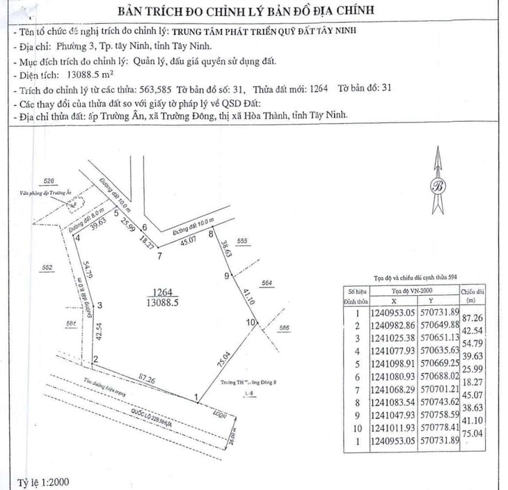 Thông tin địa chính của thửa số 1264, tờ bản đồ số 31 tại Tây Ninh