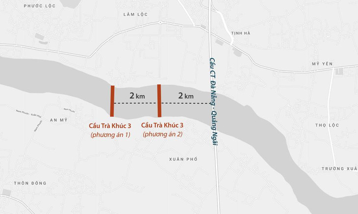 Hai phương án vị trí cầu Trà Khúc 3 Hai phương án vị trí cầu Trà Khúc 3
