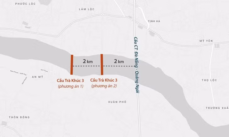 Hai phương án vị trí cầu Trà Khúc 3