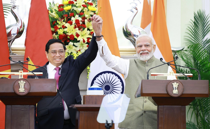 Thủ tướng Phạm Minh Chính và Thủ tướng Ấn Độ Narendra Modi tại cuộc gặp gỡ báo chí hai nước. Ảnh: TTXVN