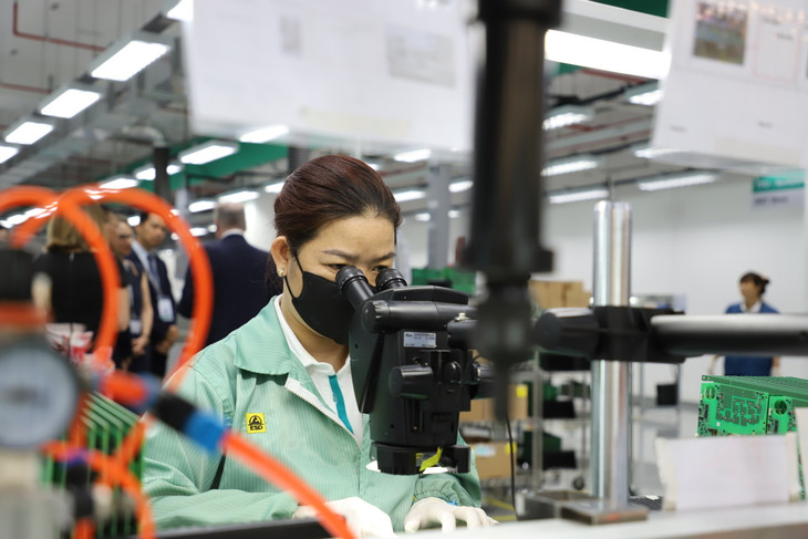 Công nhân làm việc trong nhà máy điện tử ở Khu chế xuất Tân Thuận