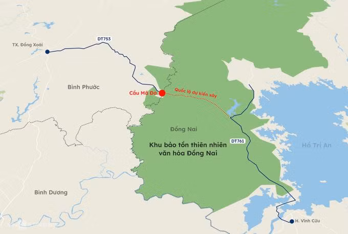 Vị trí, hướng tuyến hai dự án đi qua Khu dự trữ sinh quyển thế giới Đồng Nai