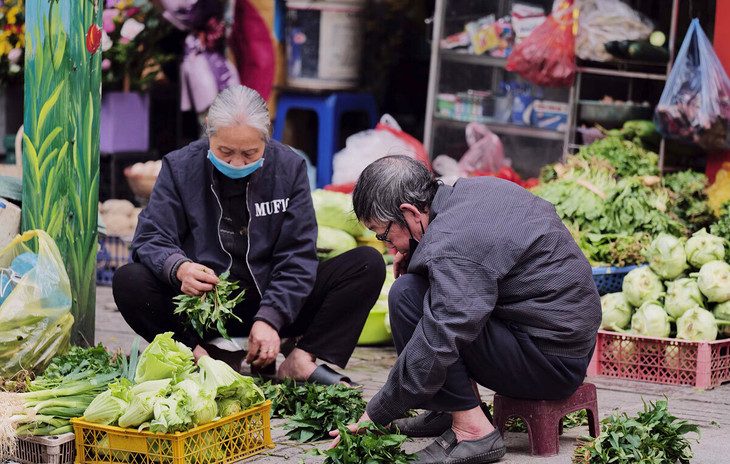 Người cao tuổi mưu sinh bằng sạp rau củ ở chợ Thành Công, Hà Nội