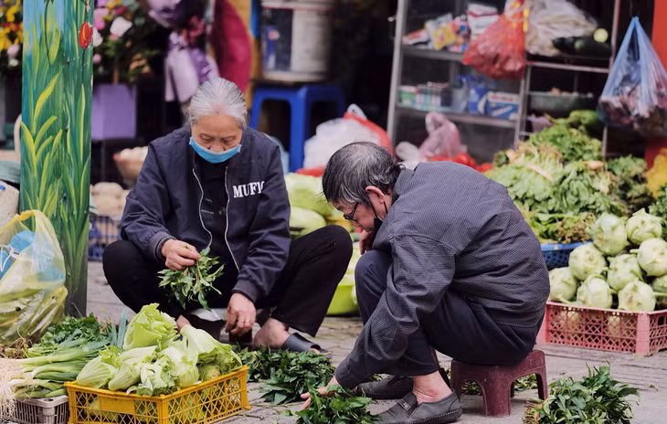 Người cao tuổi mưu sinh bằng sạp rau củ ở chợ Thành Công, Hà Nội
