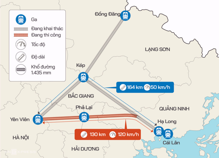 Bản đồ tuyến đường sắt Yên Viên - Cái Lân (màu đỏ) đang bị đình hoãn Bản đồ tuyến đường sắt Yên Viên - Cái Lân (màu đỏ) đang bị đình hoãn