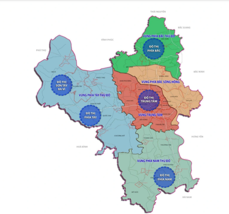 Phương án sắp xếp và tổ chức không gian trên địa bàn Hà Nội, theo Quy hoạch Thủ đô giai đoạn 2021 - 2030, tầm nhìn đến năm 2050