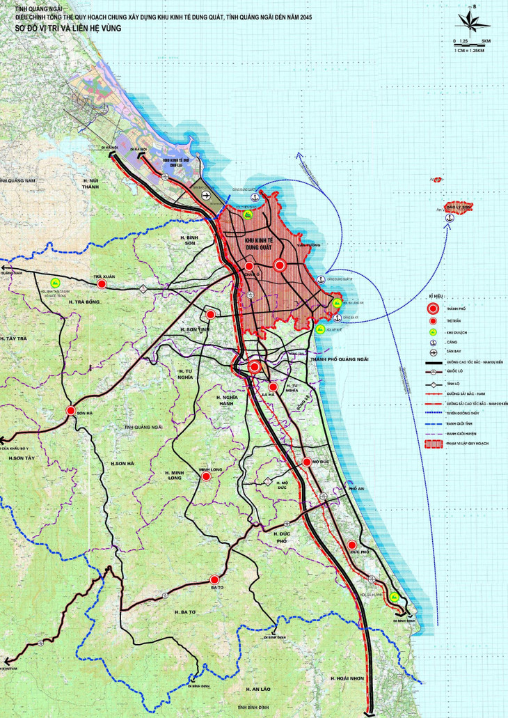 Khu kinh tế Dung Quất được chia làm 5 phân khu chức năng chính để kiểm soát phát triển gồm: Phân khu đô thị, công nghiệp, dịch vụ Bắc Dung Quất; Phân khu đô thị, công nghiệp, dịch vụ Châu Ổ - Bình Long; Phân khu đô thị, công nghiệp, dịch vụ Nam Dung Quất; Phân khu đô thị, dịch vụ Đông Nam Dung Quất và Phân khu đô thị Lý Sơn.