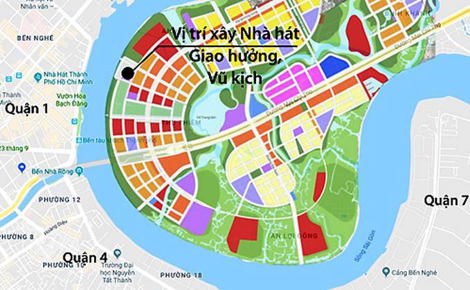 Nhà hát Giao hưởng, Nhạc và Vũ kịch sẽ được xây tại Khu chức năng số 1 của Khu đô thị Thủ Thiêm, cách trung tâm thành phố khoảng 300 m