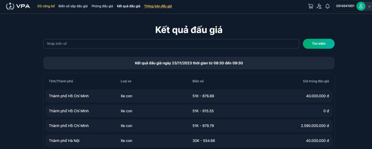 Kết quả đấu giá ngày 23/11/2023 thời gian từ 08:30 đến 09:30