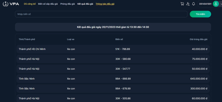 Kết quả đấu giá ngày 20/11/2023 thời gian từ 13:30 đến 14:30