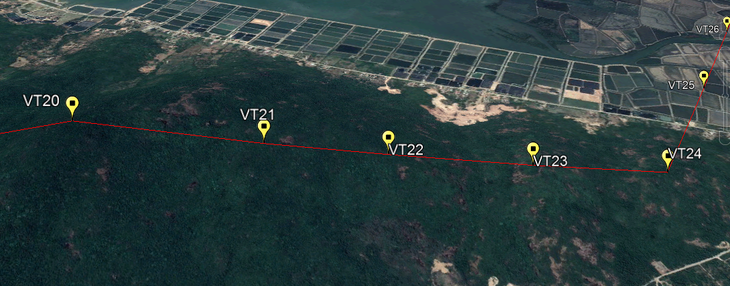 Ảnh chụp vệ tinh vị trị cột 20-24 của đường dây trên địa bàn tỉnh Khánh Hòa dự kiến được thi công trong thời gian tới