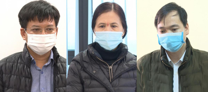 Từ trái qua phải, các bị can: Nguyễn Huy Thao, Nguyễn Thị Song Hà, Nguyễn Văn Cao.