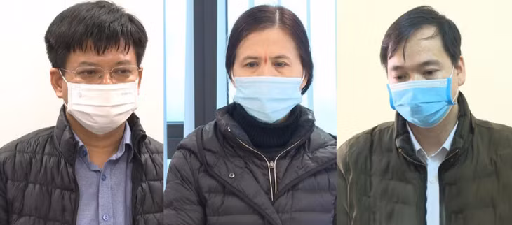 Từ trái qua phải, các bị can: Nguyễn Huy Thao, Nguyễn Thị Song Hà, Nguyễn Văn Cao.