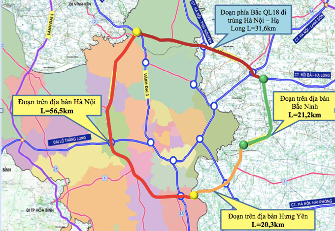 Hướng tuyến đường vành đai 4 qua địa bàn 3 địa phương (Hà Nội, Bắc Ninh, Hưng Yên).