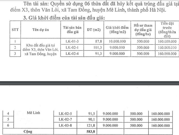 6 lô đất liền kề đã hủy kết quả trúng đấu giá tại điểm X3, thôn Văn Lôi (xã Tam Đồng, huyện Mê Linh) sắp tới được tổ chức đấu giá lại.