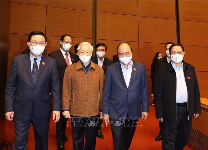 Tổng Bí thư Nguyễn Phú Trọng, Chủ tịch nước Nguyễn Xuân Phúc,Thủ tướng Chính phủ Phạm Minh Chính, Chủ tịch Quốc hội Vương Đình Huệ dự Kỳ họp thứ hai, Quốc hội khóa XV.