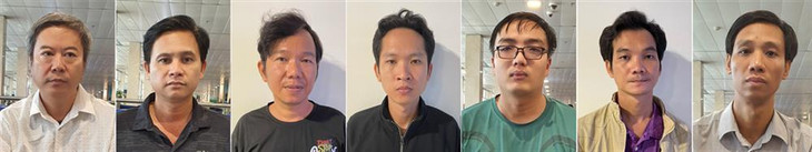 Các bị can (từ trái sang phải: Huỳnh Văn Thái; Trần Văn Hải; Trương Minh Tâm; Thái Thành Quý; Lê Nhựt Trường; Nguyễn Văn Thọ; Bùi Minh Tuân. Các bị can (từ trái sang phải: Huỳnh Văn Thái; Trần Văn Hải; Trương Minh Tâm; Thái Thành Quý; Lê Nhựt Trường; Nguyễn Văn Thọ; Bùi Minh Tuân.