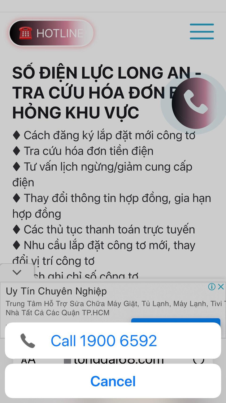 Thông tin quảng cáo giả mạo xuất hiện trên mạng xã hội: Số điện thoại Điện lực Long An – Tra cứu hóa đơn, Báo hỏng khu vực – 19006592