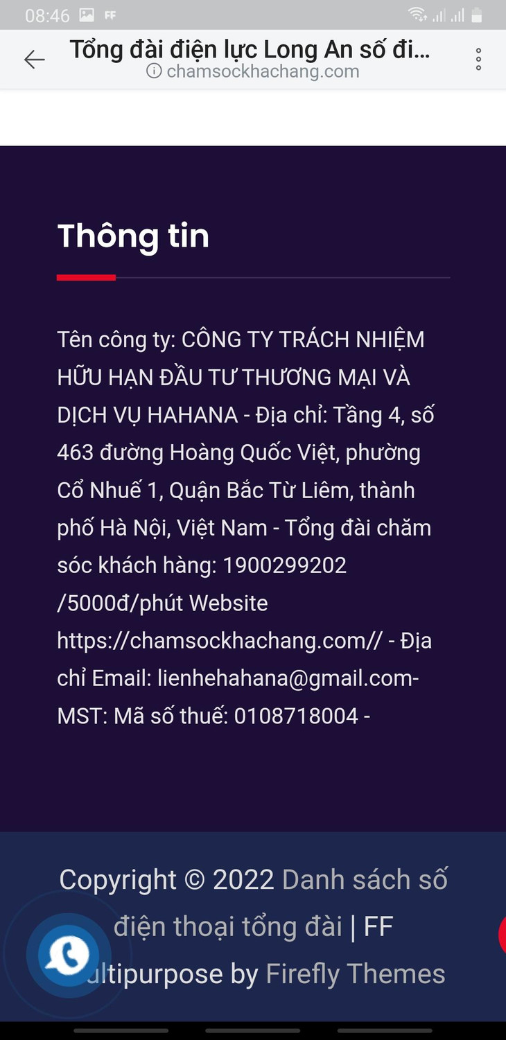 Thông tin liên hệ đến đơn vị vận hành trang web giả mạo ngành điện có địa chỉ tại Hà Nội