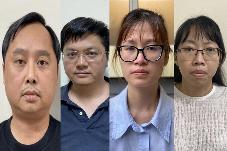 Từ trái qua phải, các bị can: Đỗ Thành Nhân, Đỗ Đức Nam, Trịnh Thị Thúy Linh, Lê Thị Thùy Liên.