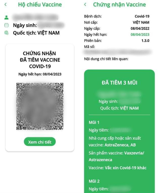 Ảnh chụp màn hình hộ chiếu vaccine của người dân Hà Nội