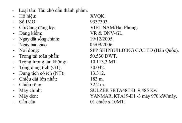 Chúng tôi xin gửi kèm theo đây các thông số kỹ thuật của tàu Vinalines Glory.