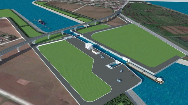 Phối cảnh dự án kênh đào nối sông Đáy và Ninh Cơ đoạn có âu tàu và cầu vượt kênh