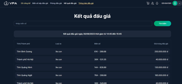 Kết quả đấu giá ngày 30/09/2023 thời gian từ 14:45 đến 15:45