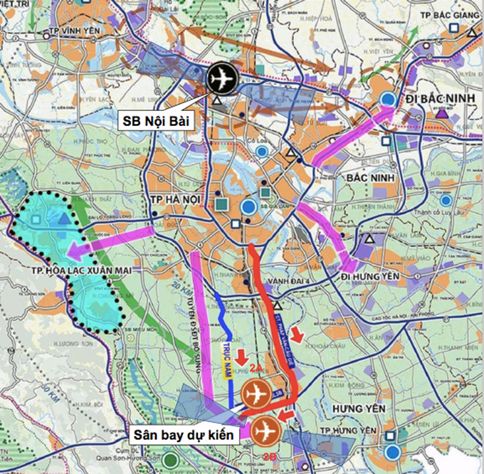 Hai phương án xây dựng sân bay thứ hai ở phía Nam Thủ đô (phương án 2A và 2B) Hai phương án xây dựng sân bay thứ hai ở phía Nam Thủ đô (phương án 2A và 2B)