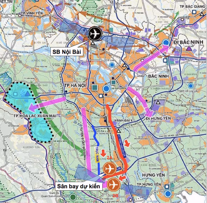 Hai phương án xây dựng sân bay thứ hai ở phía Nam Thủ đô (phương án 2A và 2B)