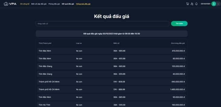 Kết quả đấu giá ngày 3/10/2023 thời gian từ 9:30 đến 10:30