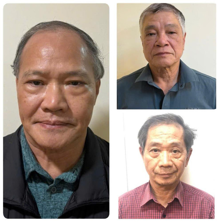 Bị can Hoàng Văn Thắng, nguyên Thứ trưởng Bộ NN&amp;PTNT (trái) cùng 02 bị can Trần Tố Nghị và Trần Văn Lăng (áo đỏ)