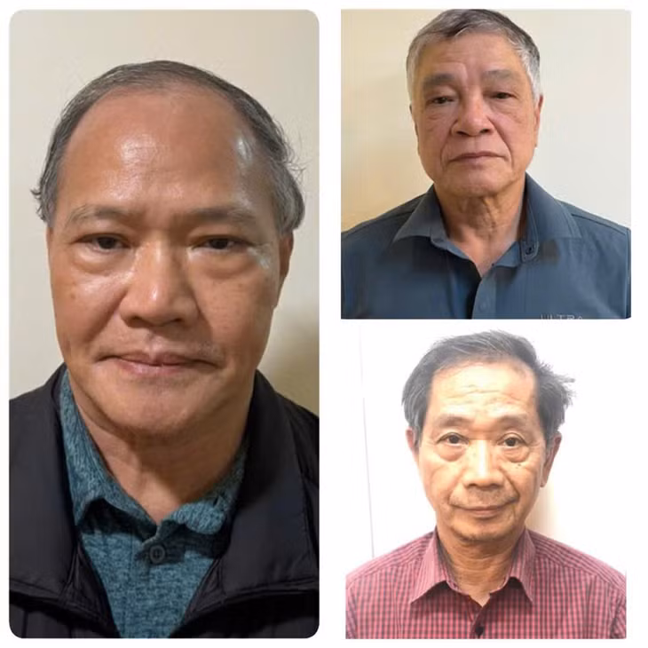 Bị can Hoàng Văn Thắng, nguyên Thứ trưởng Bộ NN&amp;PTNT (trái) cùng 02 bị can Trần Tố Nghị và Trần Văn Lăng (áo đỏ)