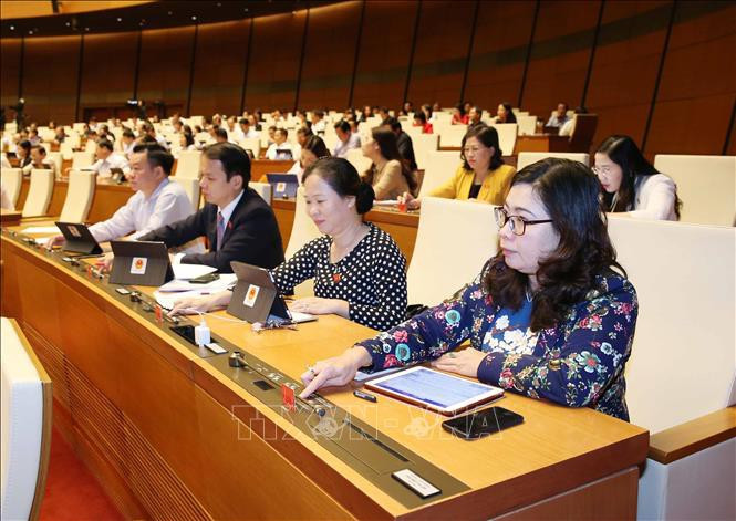 Chiều 25/12/2019, Đại biểu Quốc hội tỉnh Sóc Trăng biểu quyết thông qua Luật sửa đổi, bổ sung một số điều của Luật Cán bộ, công chức và Luật Viên chức. Ảnh: TTXVN.