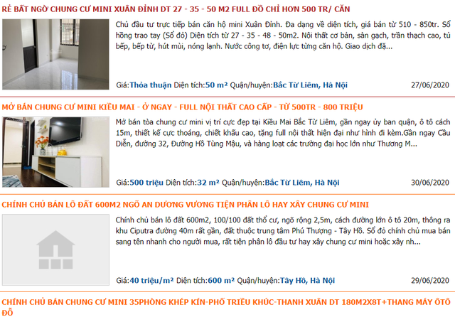 Chung cư mini được rao bán nhiều trên các sàn BĐS online. Ảnh chụp màn hình