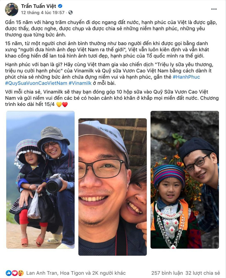 Bài viết hưởng ứng chiến dịch của nhiếp ảnh gia Trần Tuấn Việt đã nhận hơn 2.000 lượt thích và chia sẻ. Bài viết hưởng ứng chiến dịch của nhiếp ảnh gia Trần Tuấn Việt đã nhận hơn 2.000 lượt thích và chia sẻ.