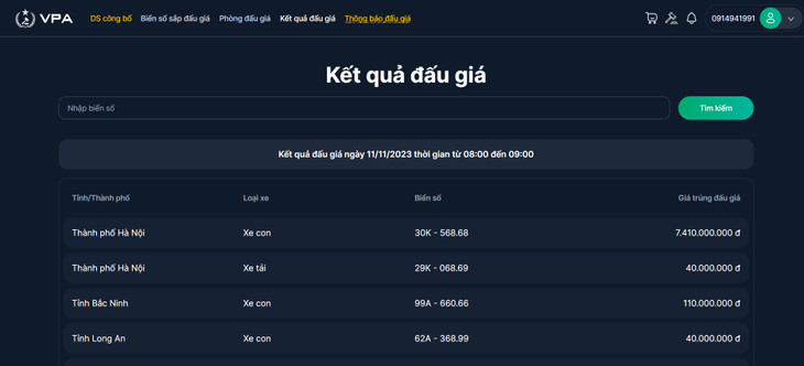 Kết quả đấu giá ngày 11/11/2023 thời gian từ 08:00 đến 09:00
