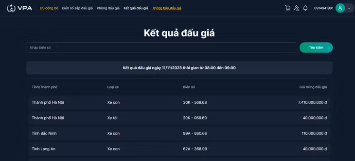 Kết quả đấu giá ngày 11/11/2023 thời gian từ 08:00 đến 09:00