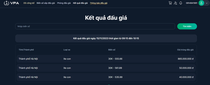 Kết quả đấu giá ngày 15/11/2023 thời gian từ 09:15 đến 10:15