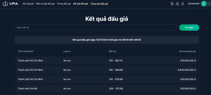 Kết quả đấu giá ngày 10/11/2023 thời gian từ 08:00 đến 09:00