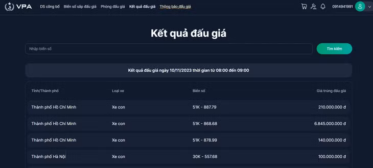 Kết quả đấu giá ngày 10/11/2023 thời gian từ 08:00 đến 09:00