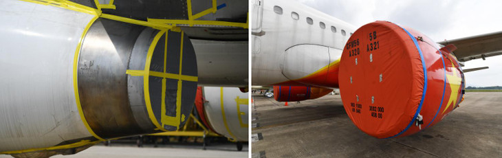 Do không dùng lâu ngày tới vài tháng, hầu hết máy bay tại sân đỗ đều được bịt kín động cơ, bánh xe và các hệ thống cửa kính.