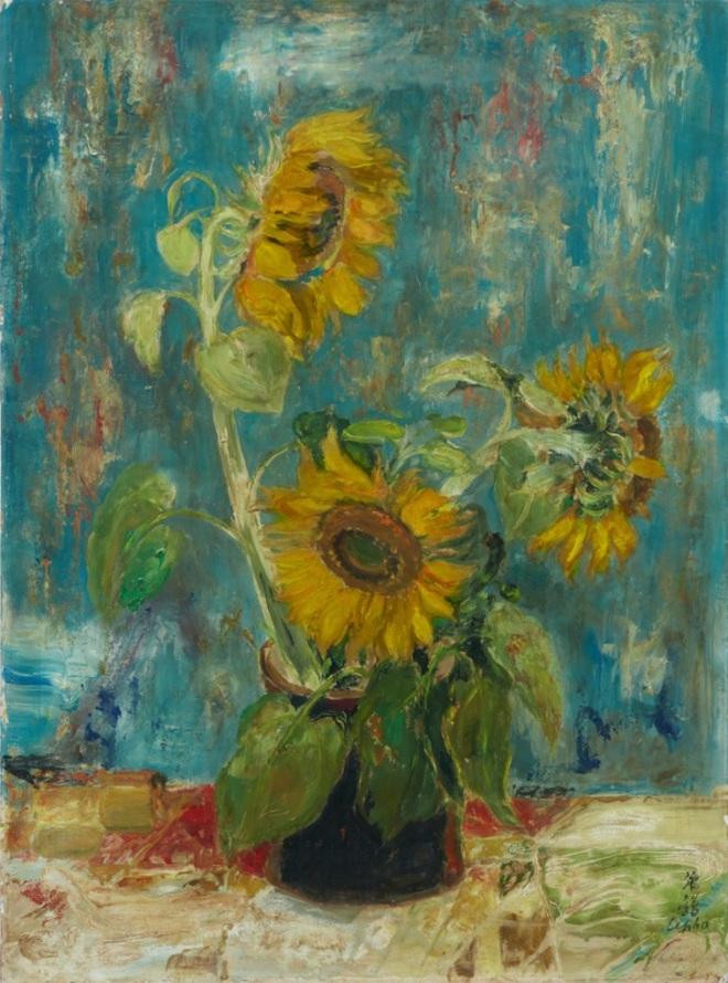 Bức "Hoa hướng dương" của danh họa Lê Phổ. Giá ước đoán từ 350.000 - 550.000 đô la Hồng Kông (1 tỷ đồng - 1,6 tỷ đồng). Bức tranh lụa có kích thước 80,5 x 60 cm. Bức "Hoa hướng dương" của danh họa Lê Phổ. Giá ước đoán từ 350.000 - 550.000 đô la Hồng Kông (1 tỷ đồng - 1,6 tỷ đồng). Bức tranh lụa có kích thước 80,5 x 60 cm.